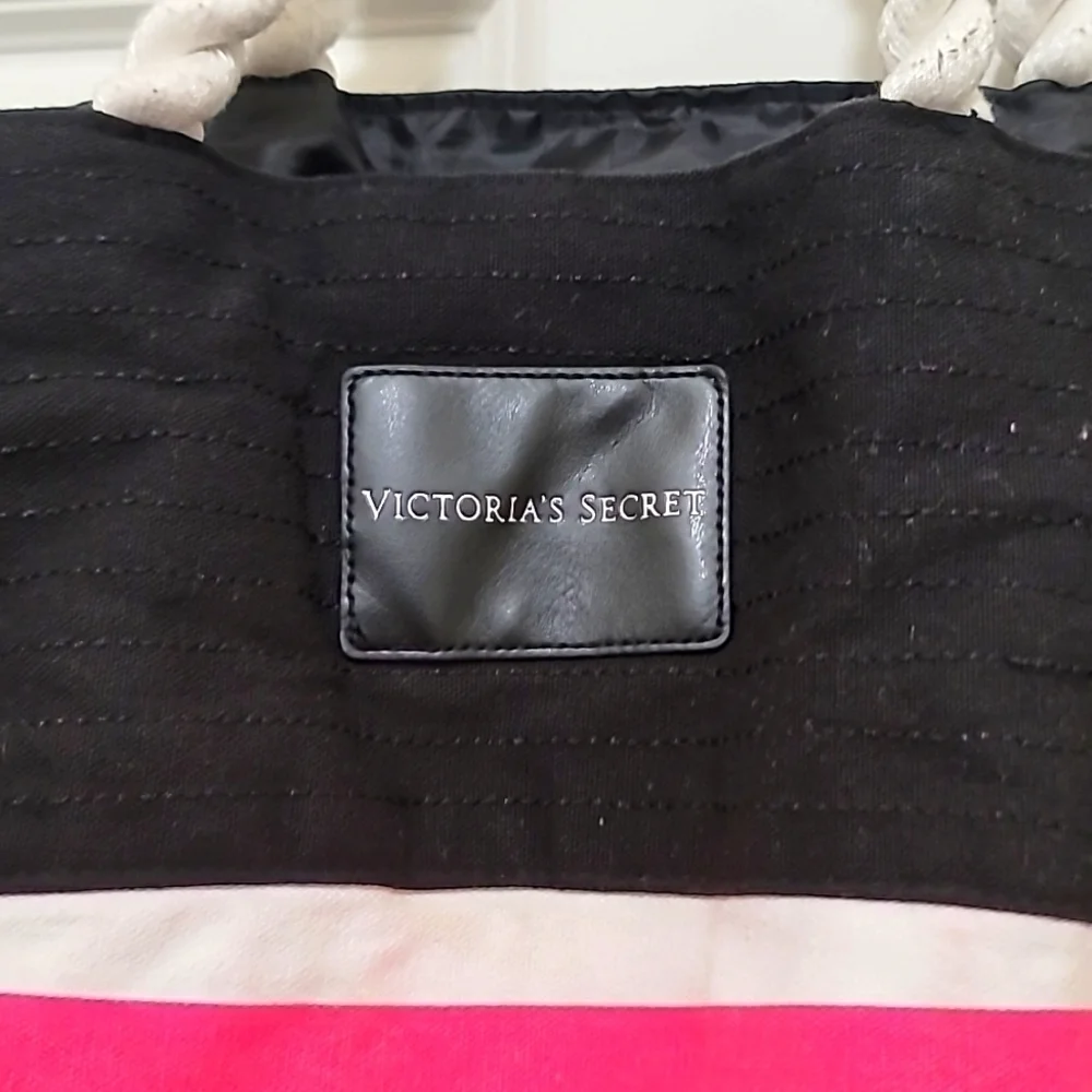 Victoria's Secret Tote Bag Women's 22 x 19 Pink‎ White Striped Canvas Beach Bag